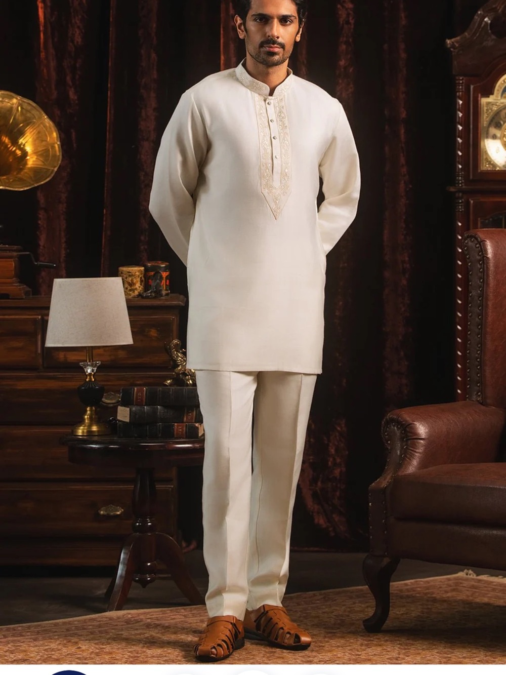 Men's Cream Embroidered Kurta Shirt Set - Elegant Traditional Dress Shirt